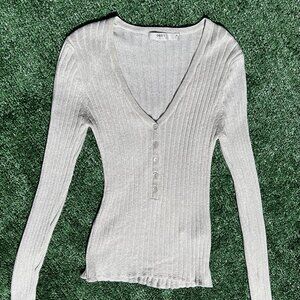 Obey - V Neck Button Long Sleeve Cream Metallic Sweater Women's M